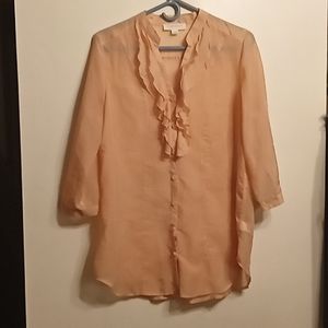 Forever 21 Sheer 3/4 Sleeve Ruffle Button Down Shirt Size Large